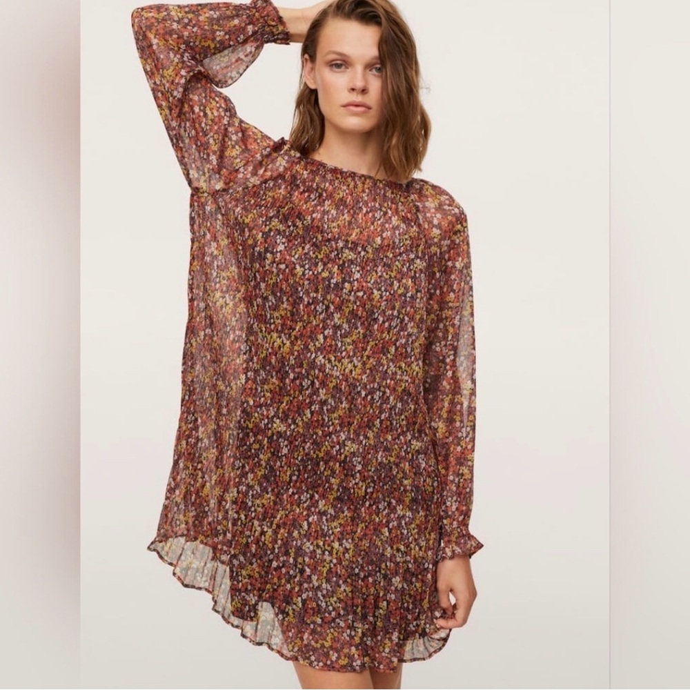 Mango NWT Floral Sheer Pleated Mini‎ Dress US 2 Romantic